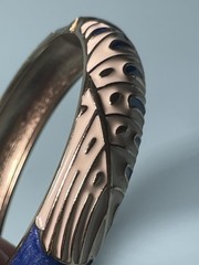 Vintage Enamel Hinge Bangle Bracelet Blue White Abstract Design Gold Tone