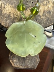 Vintage Green Prehnite- Green Spinel Beads-Flower Pendant Bead Necklace 19”