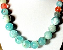 390.80ct 100% NATURAL ROUND AQUAMARINE,CHERRY QUARTZ 925 SILVER CLASP NECKLACE.