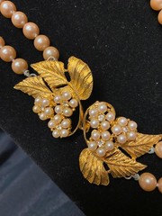 Vintage CELEBRITY NY Double Strand Faux Pearls & Rhinestone Necklace Leaf Clasp