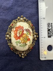 Vintage West Germany Floral Brooch | 2″ Gold Tone Filigree Pin | All Stones