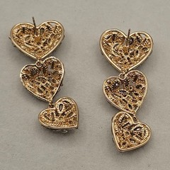 Triple Heart Dangle Earrings Gold Tone Clear Rhinestone Acrylic Statement 2.25″