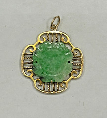 Antique Vintage Asian Style 14k Yellow Gold Pendant With Garved Jade Gemstone