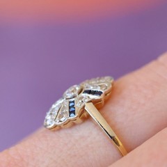 Art Deco Lab Created Diamonds ring with Blue Sapphire 925 Sterling Silver Ring