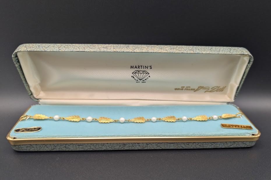 Vintage Van Dell 12K Gold Filled Cultured Pearl Leaf Bracelet NIB Mid-Century