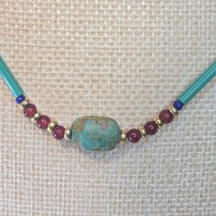 Vintage Egyptian Revival Necklace With Teal Scarab Beads & Red Gold Glass boho