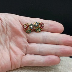 Vintage Ciner Floral Rhinestone Clip Earrings Blue Green Red Gold Tone READ