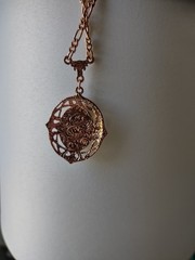 1928 Rose Gold Tone Purple Rhinestone Porcelain Pendant 27” Necklace