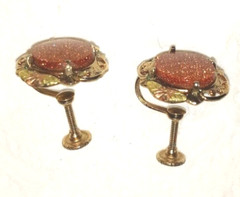 Vintage Screwback Goldtone Copper Glitter Cabochon Earrings Old Estate Jewelry