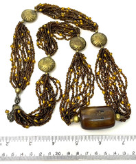 VTG Brown Necklace Multi Strand Seed Beads Large Bronze Wood Wooden Bead 31 in