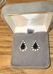 VTG Genuine Black Onyx & Rhinestones Pierced Earrings by JC Penny with Org. Box