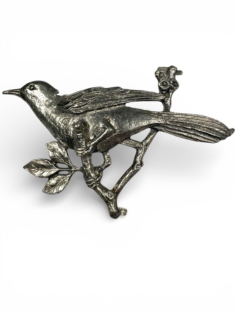 Brooch Bird On A Branch Leaves Floral Silver Tone 1930’s To 50’s