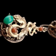 Antique Asian Dragon Jade Carnelian Cabochon Dangle Screw Back Tassel Earrings