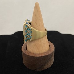 VTG Deco Celtic Motif Square Statement Ring Size 9.5 Gold Tone Blue Green Stones
