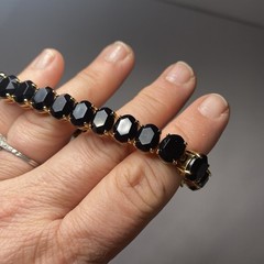 Vintage Jewelry Set black faceted ovals in goldtone Bracelet 7” & post Earrings