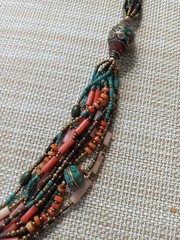 Vintage Tibet/Nepal Inlaid Turquoise Coral Brass Beaded Necklace Multi-Strand