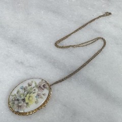 Vtg LARGE PORCELAIN PAINTED PINK FLOWER CAMEO BROOCH PENDANT NECKLACE GF 12-20
