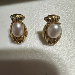 Ballou Reg’d Owl Scatter Pins Pair Vintage Faux Pearl Green Rhinestone Eyes Set