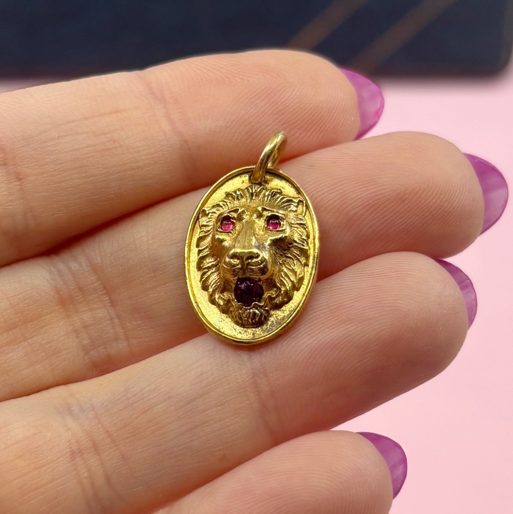 Vintage Gold Filled Lion Pendant Pink Stones Talisman Charm 1950s 1960s
