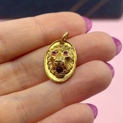 Vintage Gold Filled Lion Pendant Pink Stones Talisman Charm 1950s 1960s
