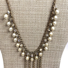 Vintage Art Deco Brass Glass Dangler Faux Pearl Statement Necklace