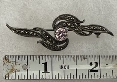 Vintage Pink Amethyst Markasite + .925 Sterling Silver Pin Brooch 2.25”