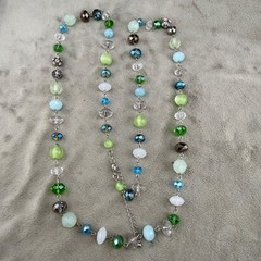 Beaded Glass Necklace Silver Tone Blue Green 36”