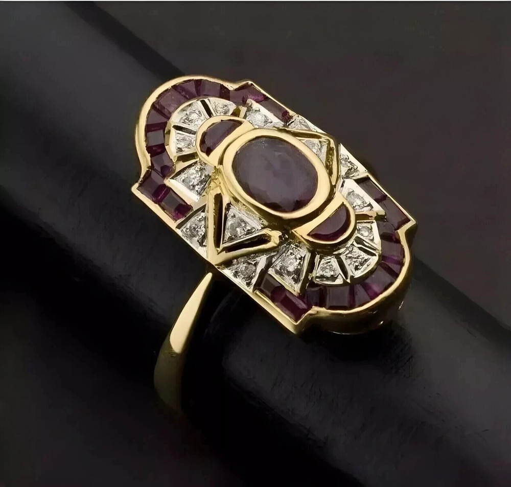 2Ct Art Deco Style Lab Created Diamond & Garnet Wedding 14K Yellow Gold FN Ring