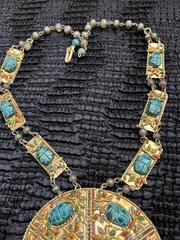 Vintage Egyptian Revival Pectoral Statement Necklace Glaze Soapstone Scarab Gilt