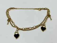 Gold Stainless Steel Key and Black Enamel Heart Charm Chain 7.5-9.5″ Bracelet