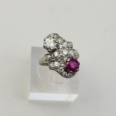 Antique Art Deco Ruby, Old European Diamond Platinum Ring