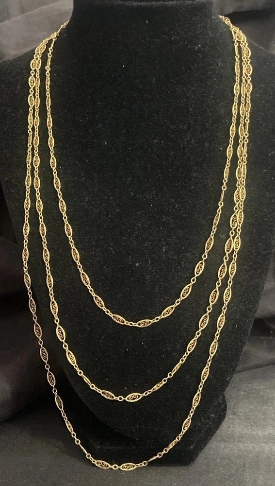 Vtg 14k Gold Vermeil Sterling Silver Triple Strand Filigree Link Necklace 19”