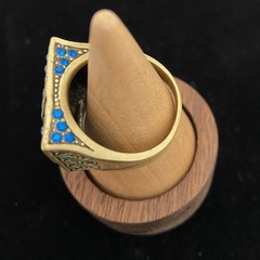 VTG Deco Celtic Motif Square Statement Ring Size 9.5 Gold Tone Blue Green Stones