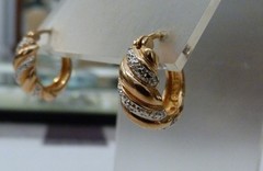 ROSS SIMONS GOLD OVER STERLING SILVER DIAMOND ACCENT RIBBED SHRIMP HOOP EARRINGS