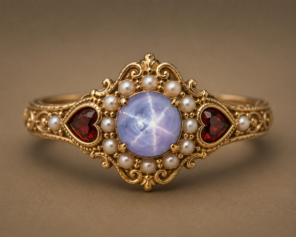 Vintage Star Sapphire Ring Pearl Red Heart Gem Statement Ring Gift