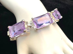 Amethyst Color Glass Bracelet Light Purple Crystal Stones Silver Tone Metal 7.5″
