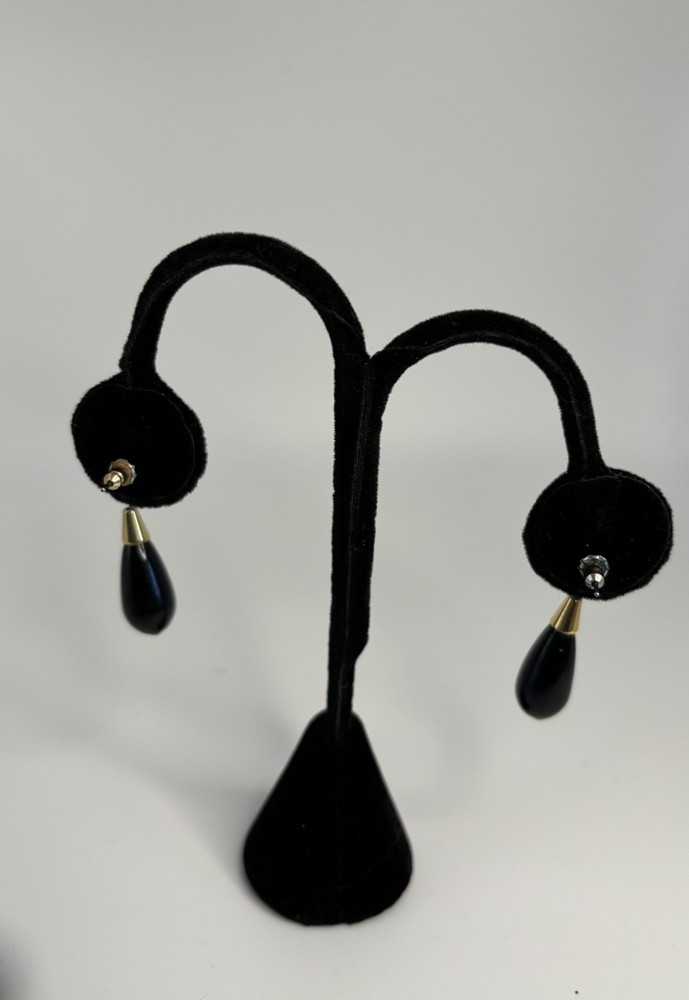 Vintage Victorian Gold Tone Black Teardrop Dangle Pierced Earrings