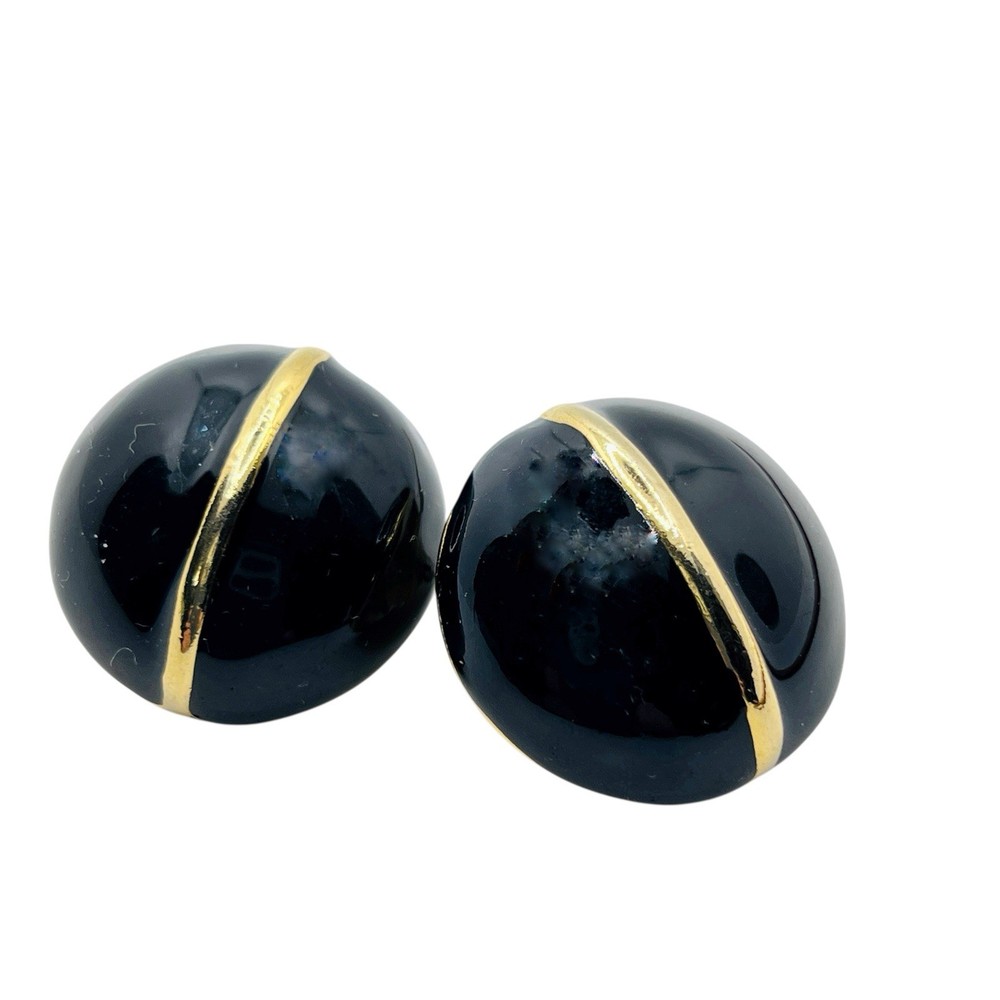 Vtg Casual Corner Enameled Earrings Pierced Round Chunky Black GoldTone Signed