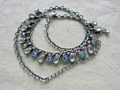 Vintage Necklace Unusual Heart Link Chain AB Rhinestones Glass Moonstone Dangles
