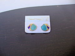 VINTAGE SAMUEL HUANG DESIGNER CLOISONNE RETRO MOD AQUA & COBALT STUD EARRINGS
