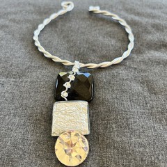 Vintage Jeff Lieb Wire Choker Necklace Silver Tone Acrylic Square With Crystals