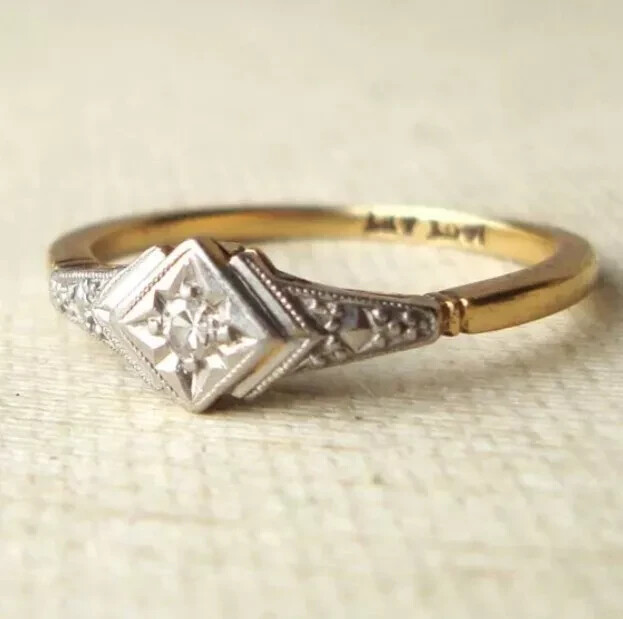 Vintage Glass Star Lab Created Diamond Wedding 14k Yellow Gold Over Gifted Ring