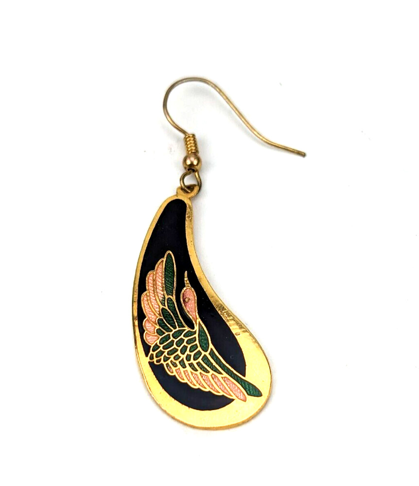 1x Piece Vintage Bird Black Pink Green Cloisonne Enamel Dangle Hook Earring #B1