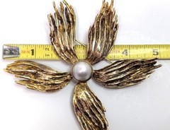 Vtg MCM Sterling Modernist Flower Brooch Mabe Pearl Gold Vermeil 5″ 71g Signed
