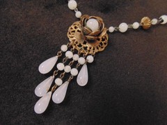 Victorian Antique Brass Filigree Opaline Glass Bead Pendant Choker Necklace 15.5