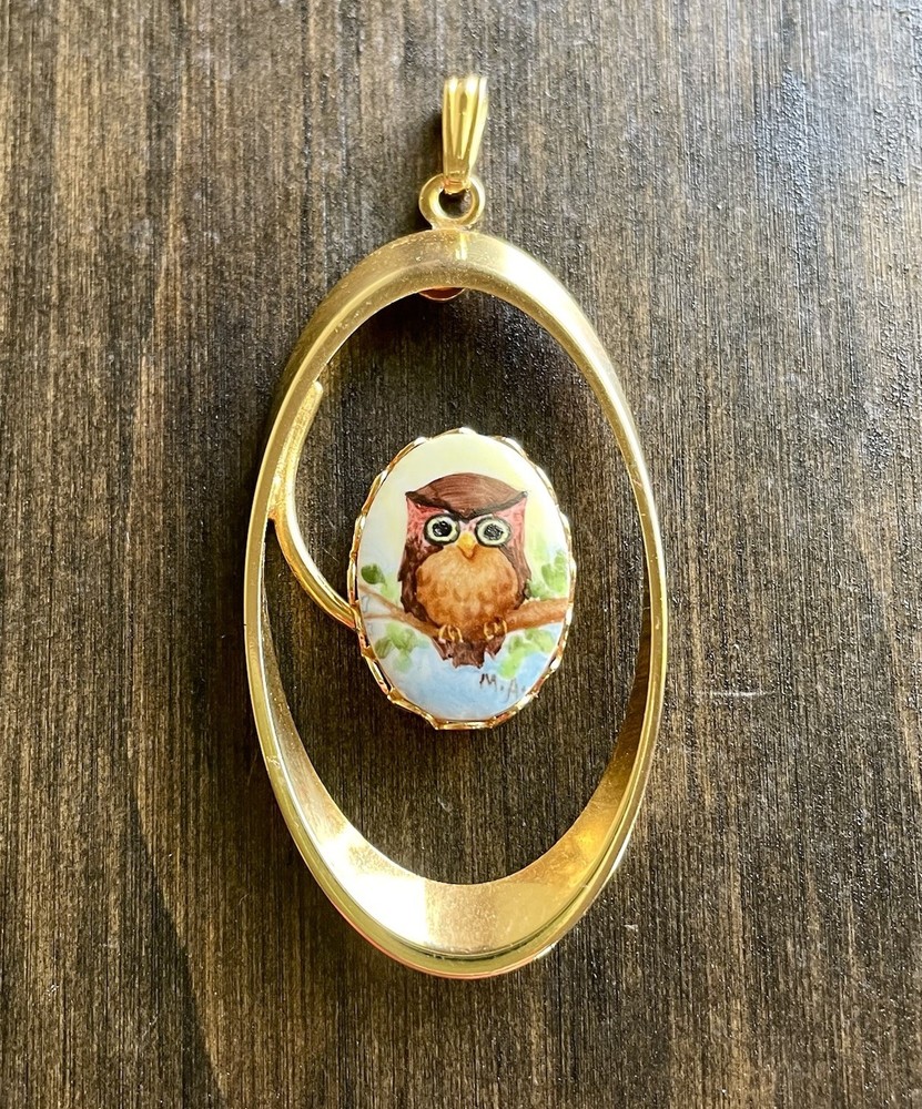 Vintage Gold Tone Elongated Oval Porcelain Pendant With Owl Painting Signed M.A.