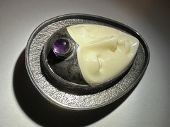 925 Sterling Silver Teardrop Cameo Face Amethyst Bone Cabochon Brooch Pin 2 Inch