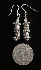 Vintage Silvertone Barrels With Detailed Carving Dangle French Wire Earrings