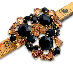 Vintage Signed SCHIAPARELLI Black Glass Brown Rhinestone Jeweled Trefoil Brooch