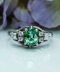 Vintage Green Tourmaline Cushion Baguette Diamond Platinum Ring Estate